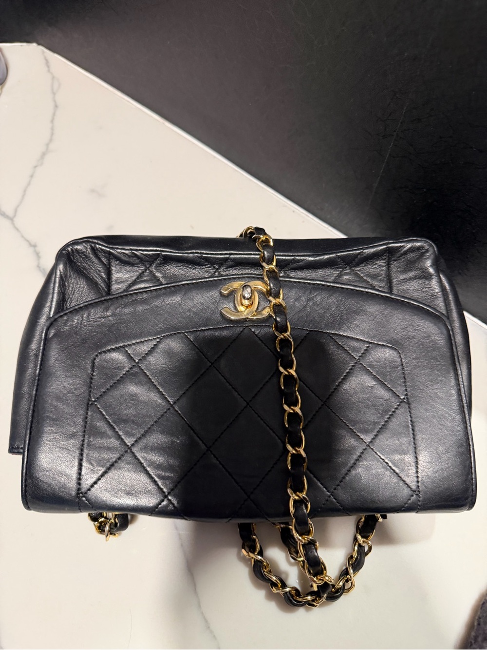 CHANEL Black Quilted Lambskin Crossbody with Gold Chain